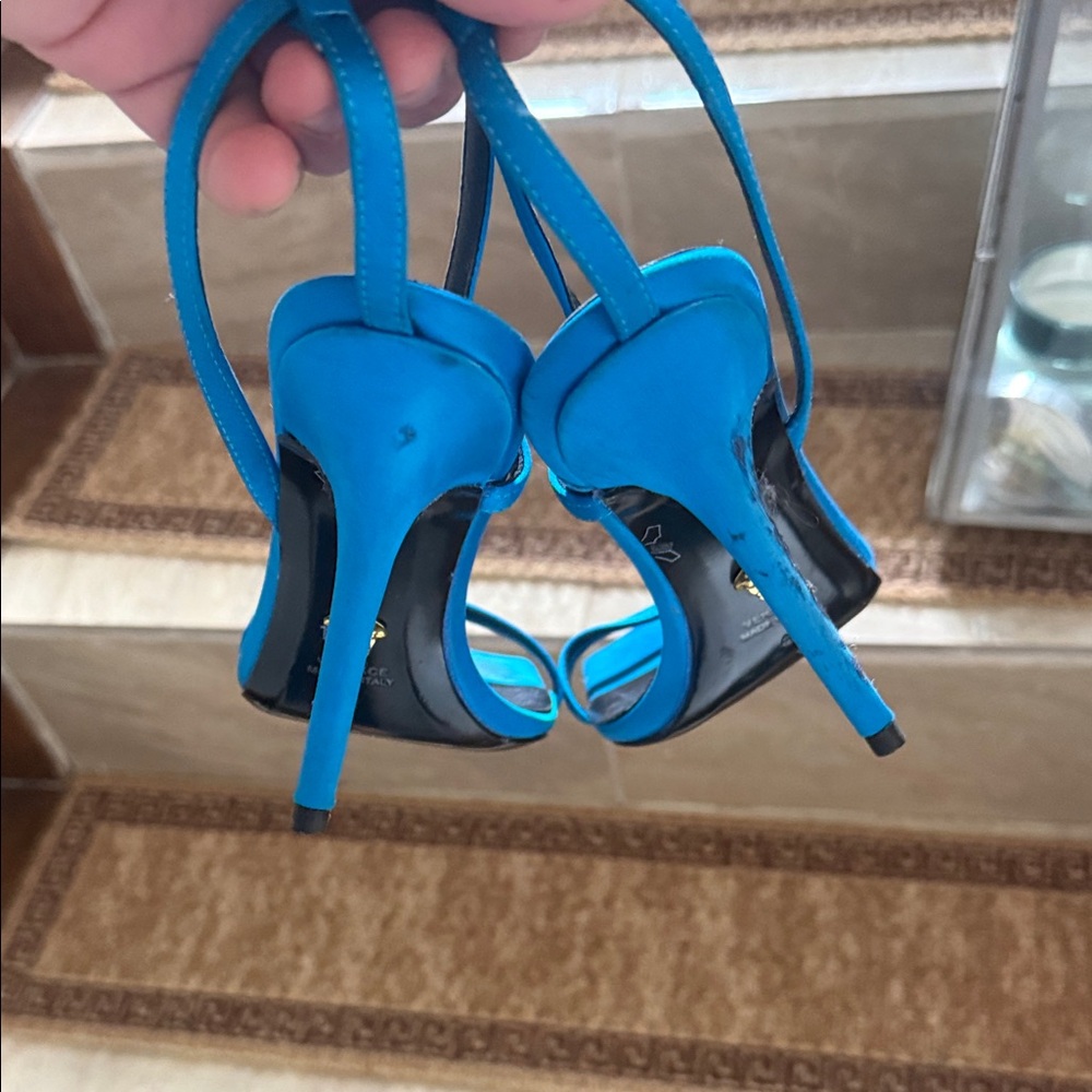 Versace Bright Turquoise Satin Slingback Heels with Gold Medusa - Picture 12 of 16